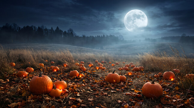 Spooky halloween pumpkin patch at night under full moon, glowing jack o lanterns in misty autumnal field, eerie autumn background