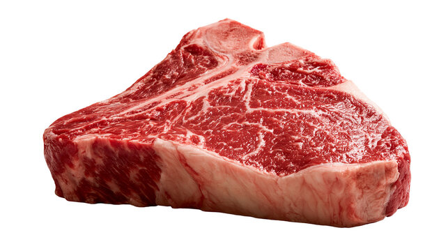 Raw T-bone steak with marbled beef texture and white fat trim