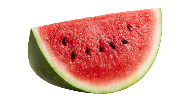 Fresh triangular slice of ripe watermelon with black seeds and green rind
