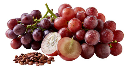 Fresh red grapes cluster with halved fruit and a pile of grape seeds © Lena
