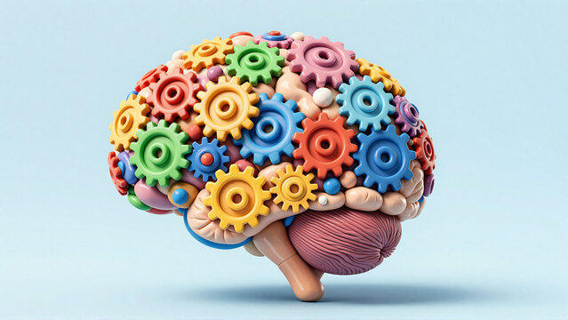 Brain with colorful gears symbolizing cognitive processes and thinking