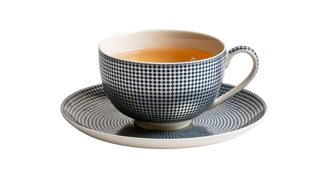 Blue and white checkered pattern porcelain teacup with matching saucer and tea