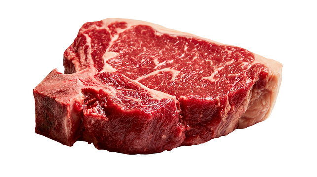 Raw T-bone beef steak with red muscle tissue and white fat marbling