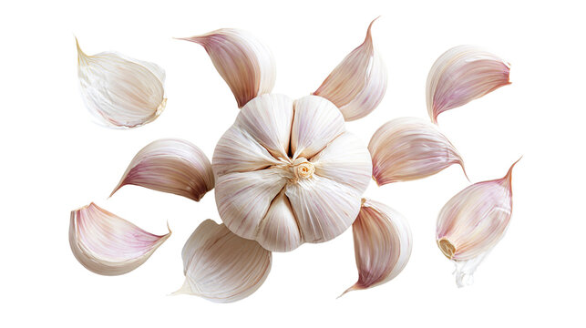 Fresh whole garlic bulb with multiple peeled cloves arranged around it