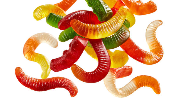 Colorful assorted gummy worms candy pile