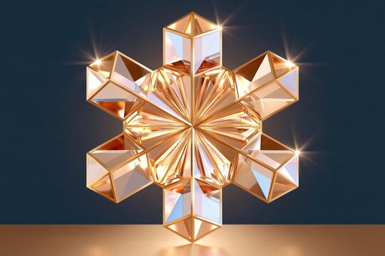 Single enormous golden snowflake with precise geometric facets and recursive crystalline structure, glowing with warm light against dark blue background