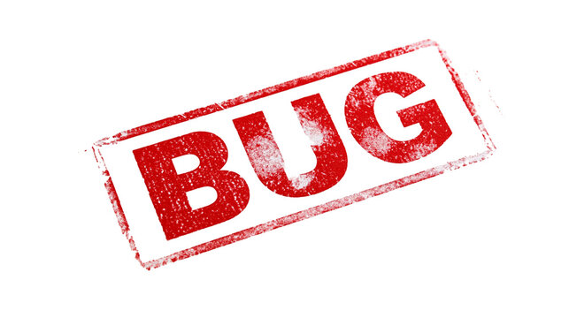 Red ink rubber stamp impression with the word BUG inside a rectangular frame
