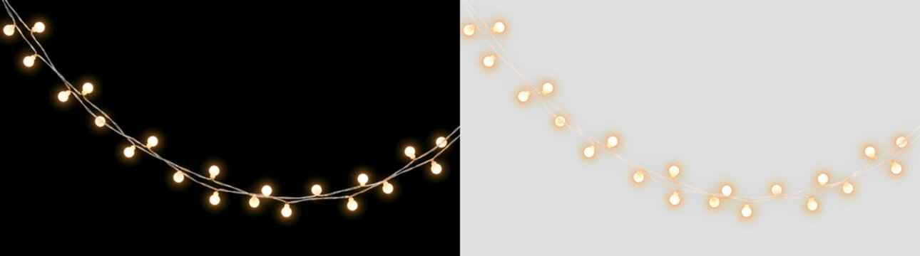 Warm glowing round bulb fairy string lights overlay. Single draped LED garland border on transparent background for festive holiday, Christmas decoration, and romantic wedding invitation designs.