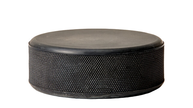 Black vulcanized rubber ice hockey puck with textured side grip
