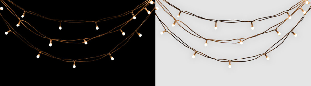 Warm glowing fairy lights draped garland border. Hanging illuminated LED string light overlay on transparent background for Christmas, wedding, and festive holiday decorations.