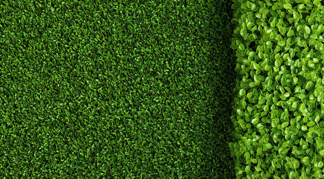 Top view of dense green grass and hedge leaves creating a natural foliage texture background.