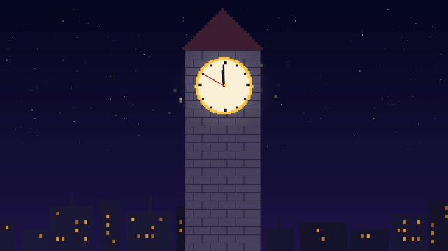 Pixel art clock tower with the second hand ticking to midnight and fireworks exploding over the city, retro New Year countdown
