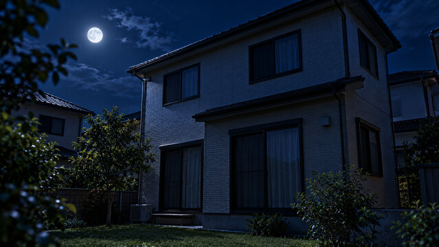 月明かりの夜に明かりが消えた二階建て住宅の外観　留守宅のイメージ