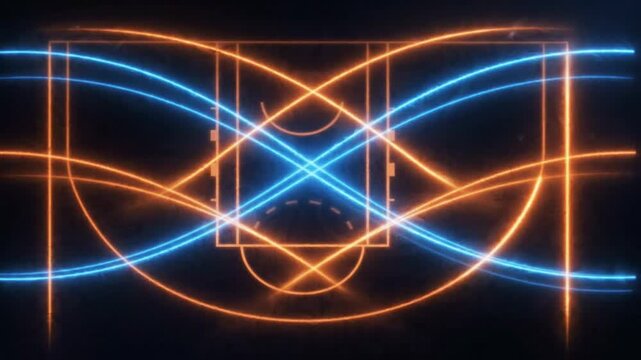 Basketball court diagram illuminated with glowing blue and orange neon light lines in dark arena