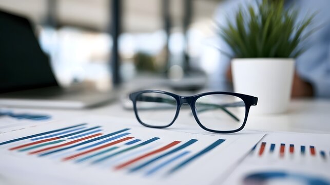 A pair of eyeglasses rests on printed bar charts  suggesting data analysis or business review in a modern office setting