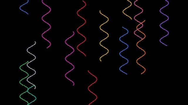 Curly pixel art party streamers in bright colors waving as they fall on black background, retro celebration overlay