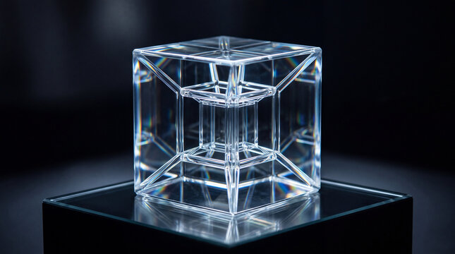 Transparent glass tesseract hypercube sculpture glowing on dark background