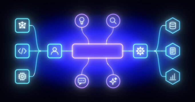 Blue and purple neon workflow node diagram, digitally created motion graphics, seamless 4K loop