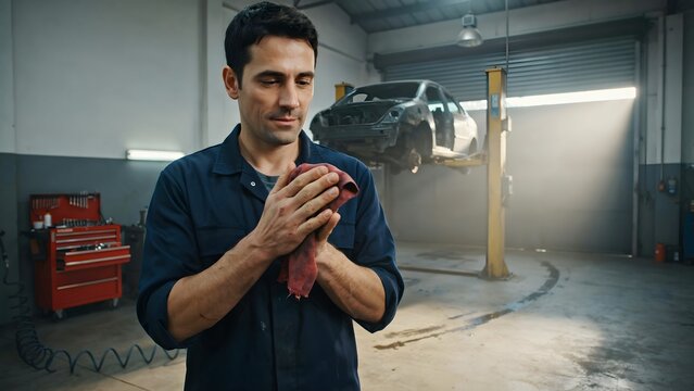 Male mechanic inspecting car engine in auto repair garage with tools and equipment