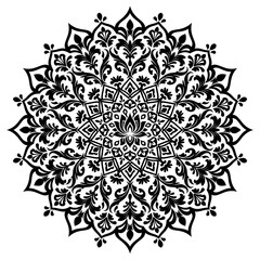 Black floral mandala pattern isolated on a transparent background © Marzan