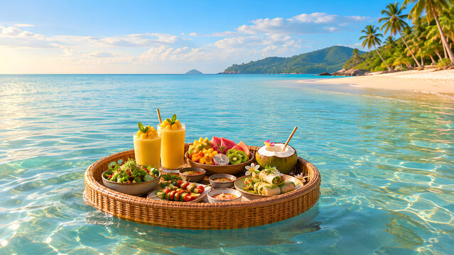 Luxury floating breakfast tray with tropical fruits smoothie drinks and fresh snacks in clear turquoise ocean water at tropical beach   