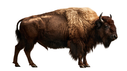 Large American bison with thick brown fur and curved horns standing in profile © Alex