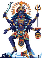 Obraz premium Goddess kali standing on lord shiva with weapons and skull garland illustration