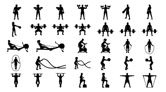 Gym Training Silhouette Icons Featuring Men and Women with Exercise Equipment