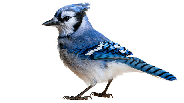 Blue Jay bird with vibrant blue and white plumage standing in profile