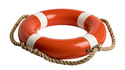 Orange and white plastic lifebuoy ring with a thick braided rope © Alex