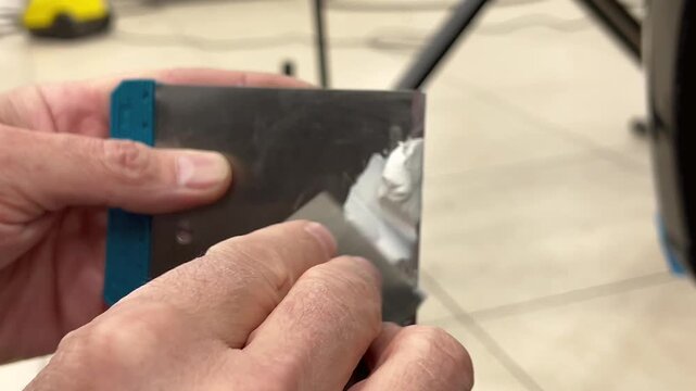 Professional auto mechanic man hands mixing two component polyester car body filler putty with a steel spatula knife tool. Professional vehicle bodywork repair, scratch, dent restoration. 