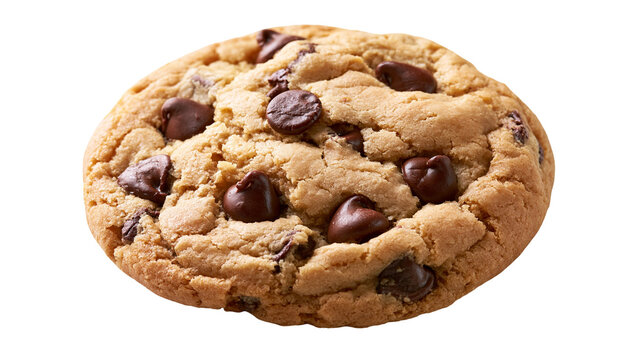 Round golden brown chocolate chip cookie with melting dark cocoa chunks