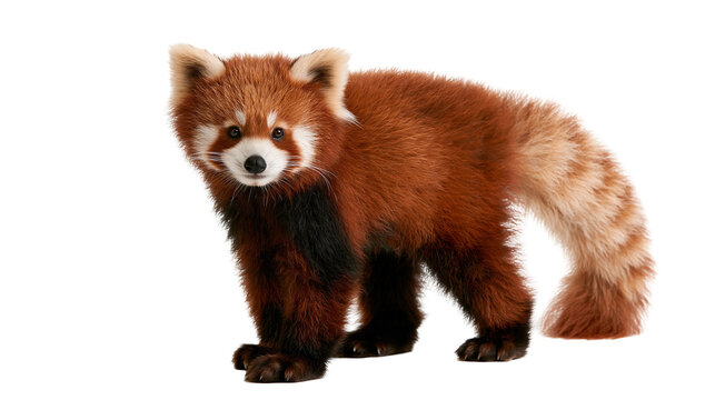 Fluffy red panda with thick reddish-brown fur and a long ringed bushy tail