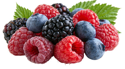 Fresh ripe raspberries blackberries and blueberries with green leaves © Alex