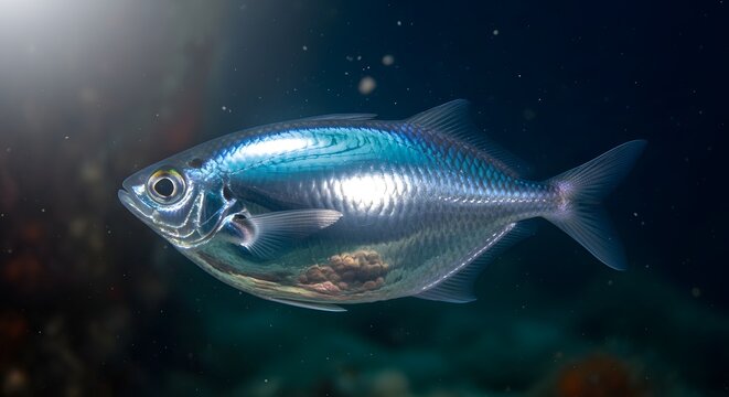 Single silver fish swimming in dark blue underwater with light flare and bokeh effects