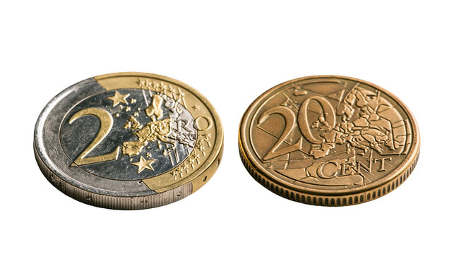 Two Euro and twenty cent coins showing European map and currency denominations