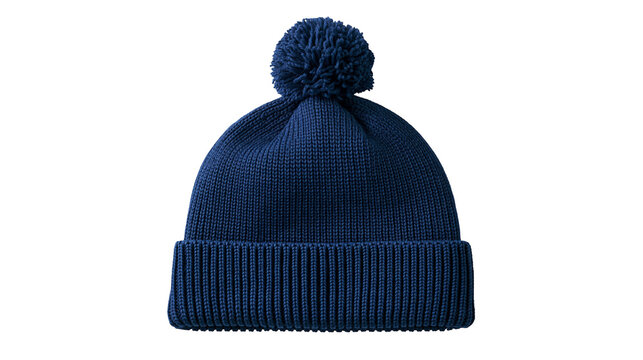 Dark blue knitted beanie hat with a pompom on top