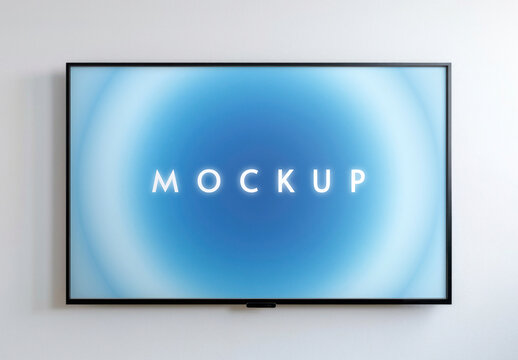 Modern TV Mockup PSD With Blue Gradient Screen On White Wall