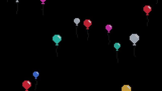 Gold, silver, red and blue pixel art party balloons floating upward with swaying strings on black background, retro overlay