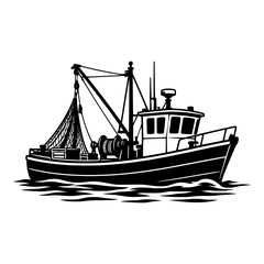Fishing Trawler Boat with Net on Ocean Waves, Black Vector Silhouette © Selda