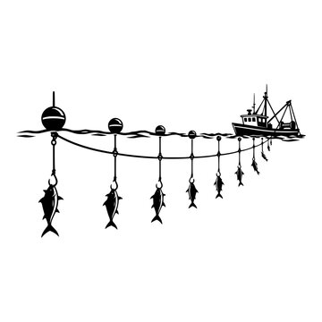 Longline Fishing Boat with Hooked Tuna and Buoys, Black Silhouette