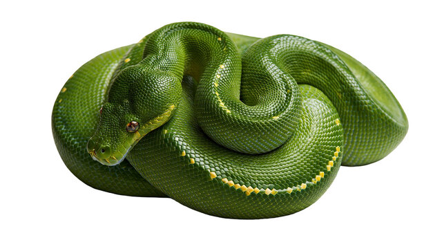 Coiled green tree python with vibrant scales and yellow markings