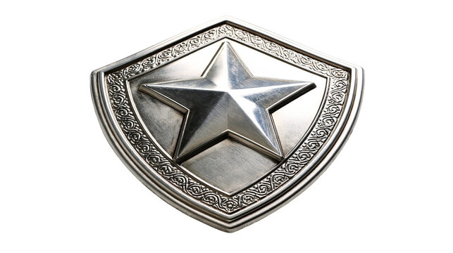 Polished silver metallic shield emblem with a central five pointed star relief