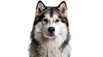 Siberian Husky dog portrait with thick grey and white fur and alert brown eyes © Veikko