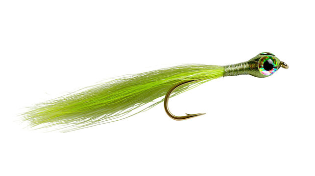 Chartreuse bucktail jig fishing lure with large holographic eye and sharp hook