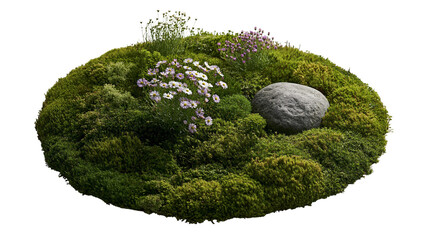 Green moss patch with purple flowers and a grey stone boulder © Veikko