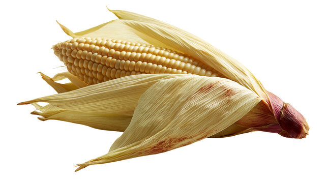 Fresh raw corn cob with light yellow kernels and dry fibrous green husks