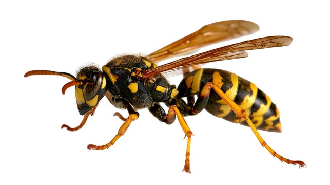 Yellow and black striped common wasp with translucent wings and sharp stinger