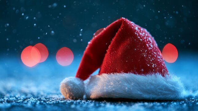 Christmas background with red santa claus hat, festive holiday decoration on winter background, traditional seasonal celebration concept with copy space for christmas greetings and promotional design