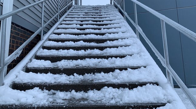 Outdoor metal staircase covered in fresh snow and ice, a winter scene with a building exterior.